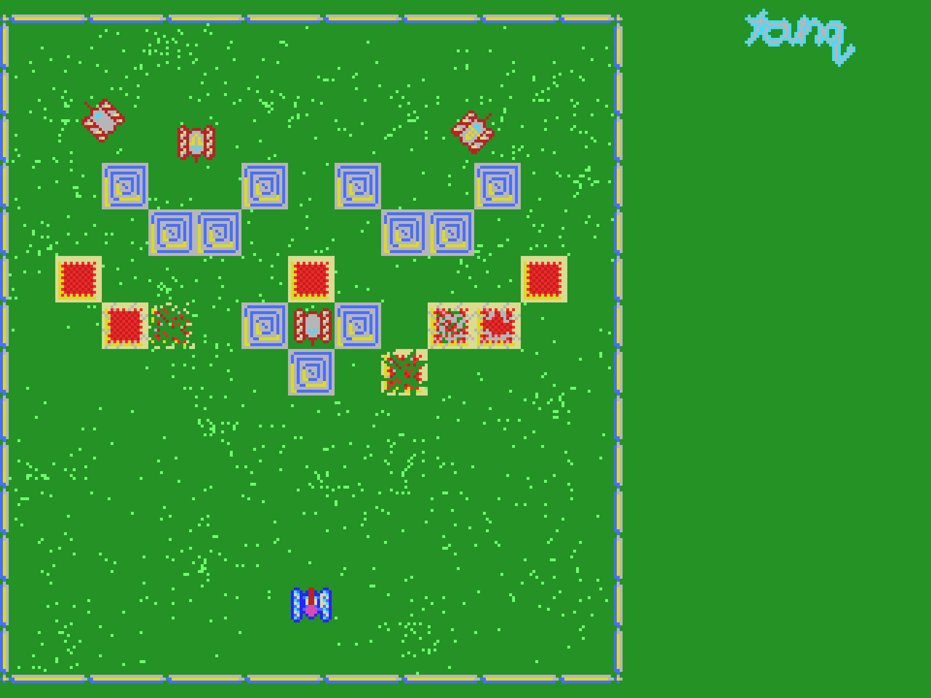 pixel mockup of a top-down tank game with enemies hiding behind destructible walls